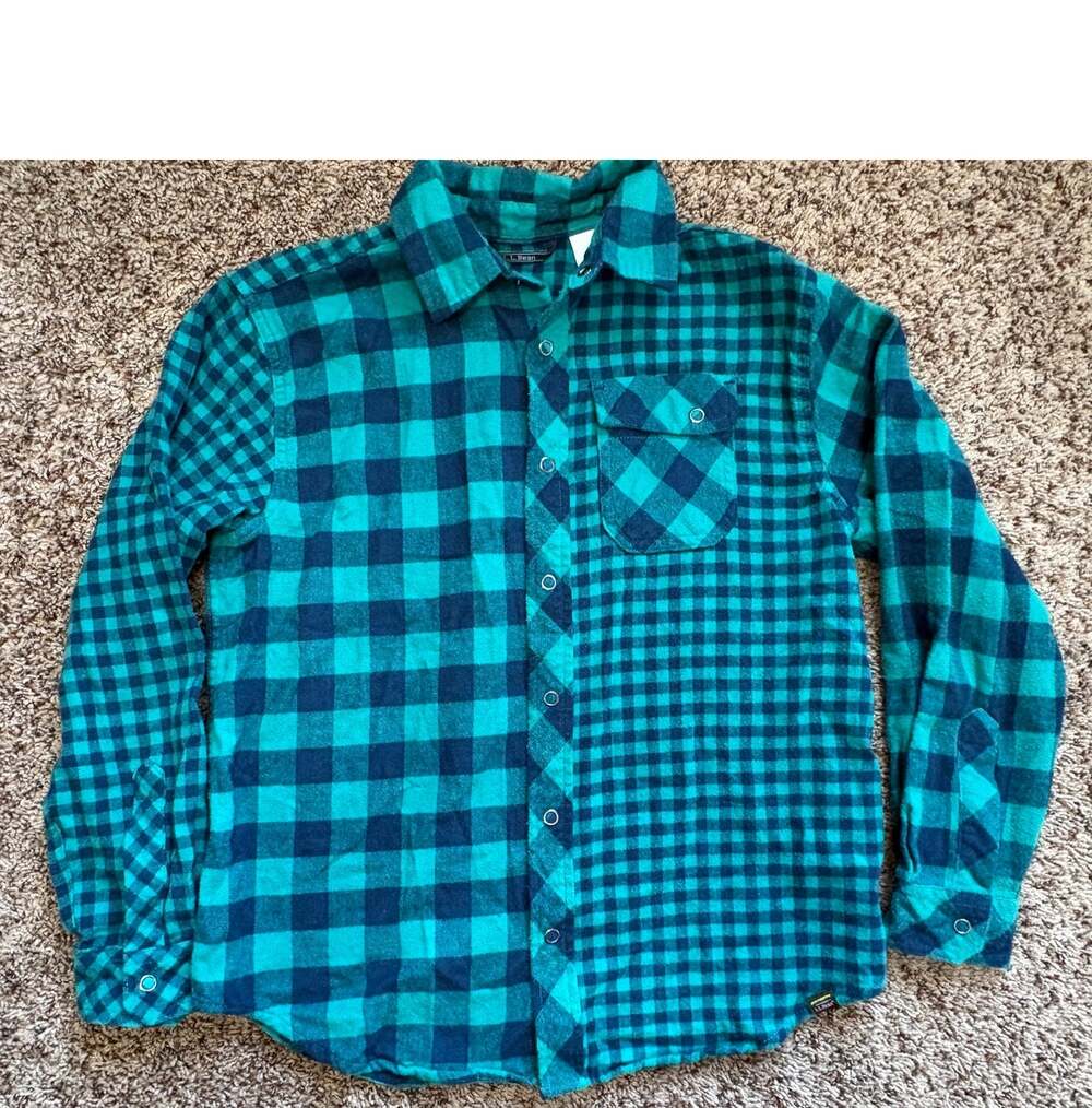 L.L. Bean Teal & Navy Plaid Flannel Button-Down Shirt Girls Size 10/12